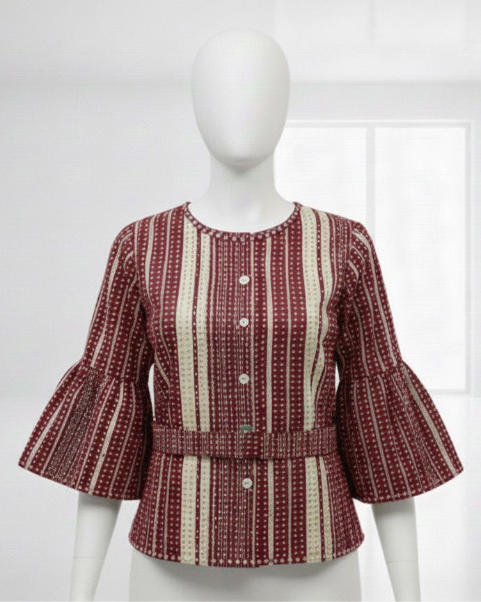 Retro Belted Ruffle Blouse