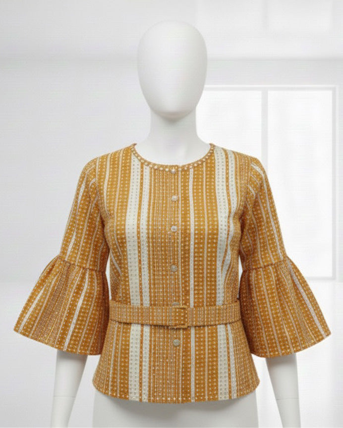 Retro Belted Ruffle Blouse